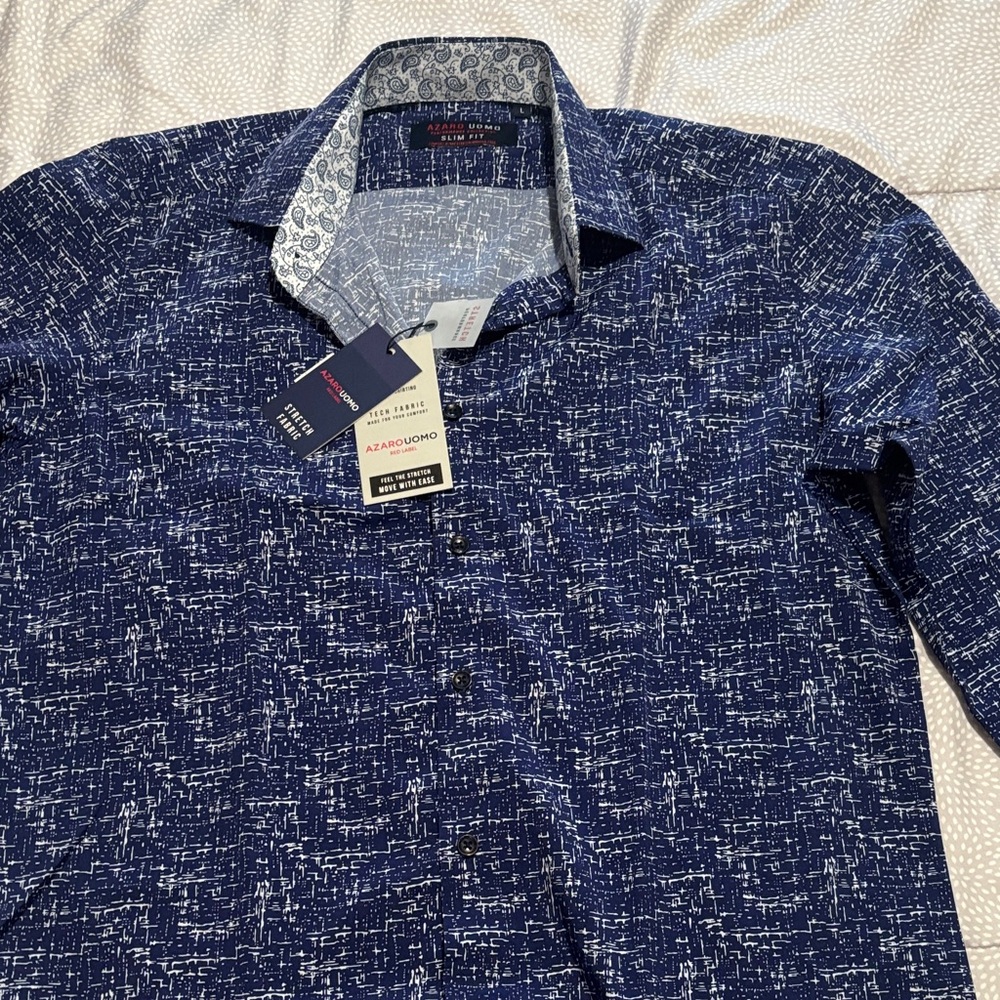 Perry Ellis Navy and White Abstract Texture Button-Down Shirt